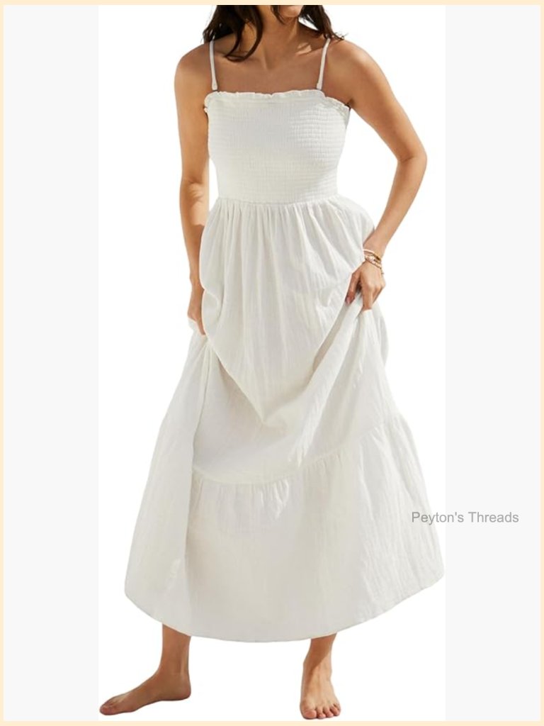 Cotton Maxi Dress Adjustable Spaghetti Strap Smocked Ruffle Hem Beach Dress